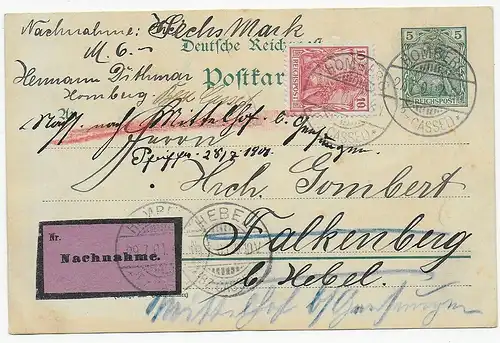 Ganzsache als Nachnahme von Homberg nach Falkenberg/Hebel und Weiterleitung 1901
