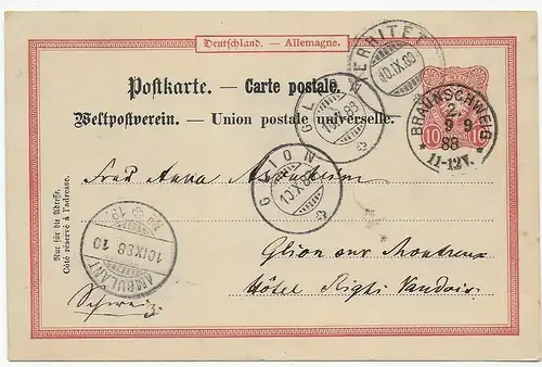 Ganzsache Braunschweig 1888 in die Schweiz; Glion, Territet