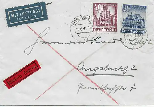 Luftpost Eilbote von Düsseldorf 1941 nach Augsburg