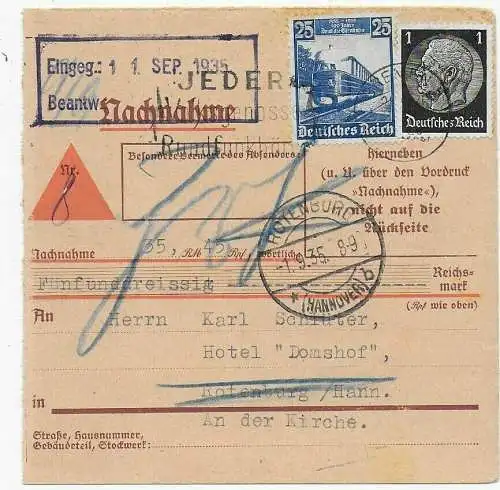 Nachnahme Paketkarte 1935 nach Rotenburg und zurück