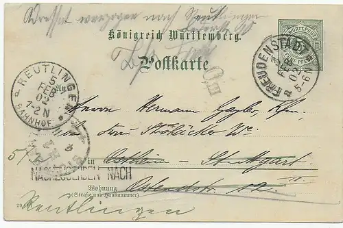 Ganzsache Freudenstadt nach Stuttgart - Reutlingen, 1902