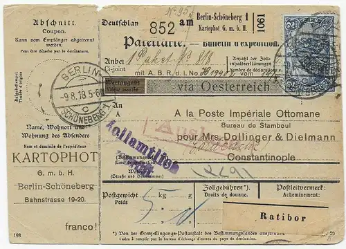 Paketkarte Berlin 1918 nach Constantinople via Österreich