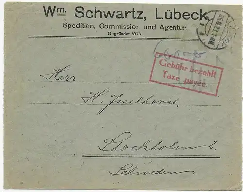 Lübeck mit Gebühr bezahlt nach Stockholm/Schweden, 25.8.1923