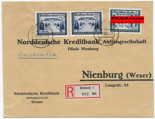 Bankbrief Einschreiben Bremen nach Nienburg, 1939