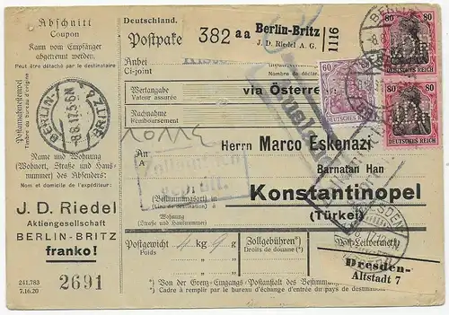 Paketkarte Berlin nach Konstantinopel über Dresden, 1917, Marken JDR Perfin