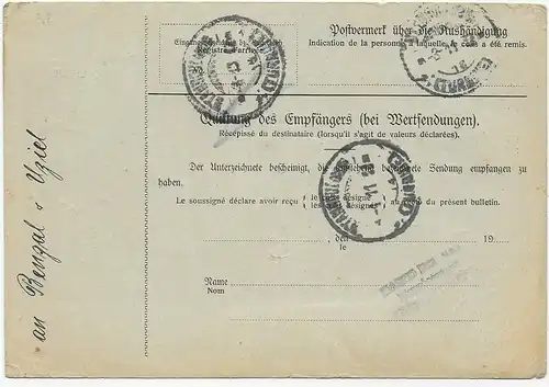 Paketkarte Berlin nach Konstantinopel über Dresden, 1917, Marken JDR Perfin