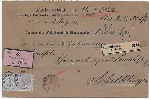 Anzeige Gebühren Postamt Ehingen nach Scheltklingen 1883