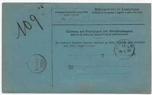 Paketkarte Berlin nach Zürich, 1887