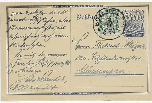 Ganzsache Boll, 1924 nach Münsingen