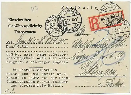 Reichspatentamt Berlin, Einschreiben Berlin-pa nach Ettlingen, 1933