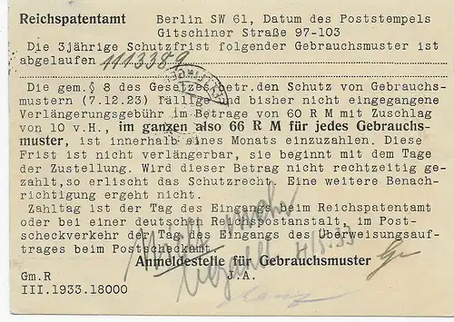 Reichspatentamt Berlin, Einschreiben Berlin-pa nach Ettlingen, 1933