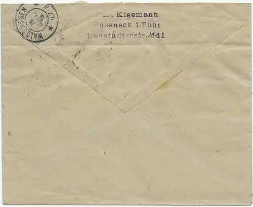 Einschreiben Pößneck, Nachnahme nach Waldsassen, 1919