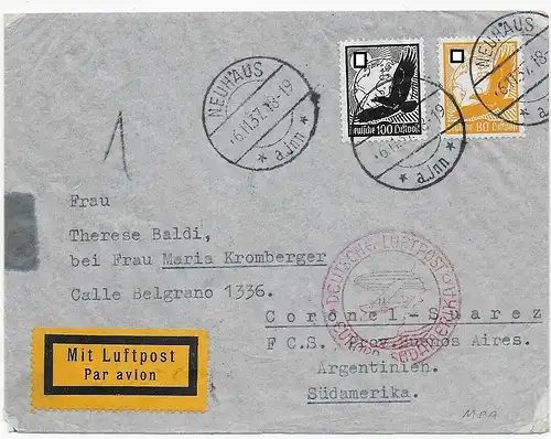 Luftpost Neuhaus am Inn, 1937, Europa-Südamerika nach Argentinien
