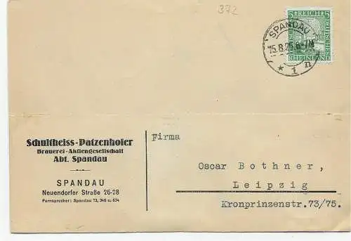 Postkarte Drucksache Spandau nach Leipzig, Brauerei Schultheiss, 1925