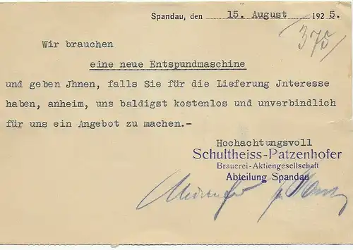 Postkarte Drucksache Spandau nach Leipzig, Brauerei Schultheiss, 1925