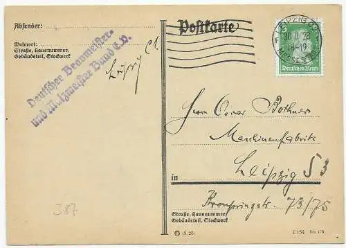 Postkarte Drucksache Braumeister Bund Leipzig, 1928