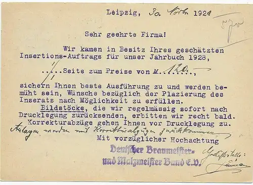 Postkarte Drucksache Braumeister Bund Leipzig, 1928