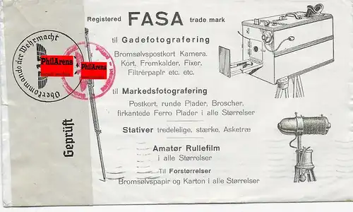 Dänemark: Brief nach Memmingen 1940. Rücks. Werbung Fotographie, Zensur