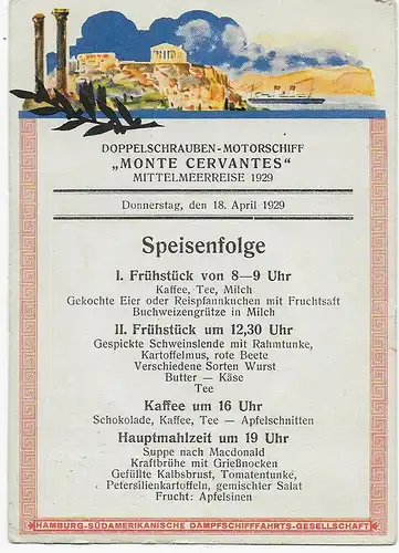 Mittelmeerreise 1929, Griechenland/Italien, Motorschiff Monte Cervantes, Menue