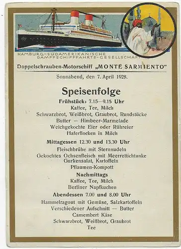 Motorschiff Monte Sarmiento, Norwegen 1928 nach Nürnberg, Menuekarte
