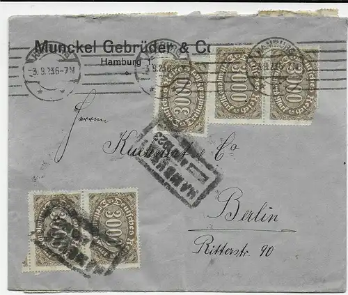 Brief aus Hamburg nach Berlin, MeF und Massenfrankatur, 3.9.1923