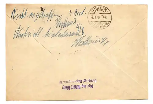 Einschreiben Danzig 3.1.1938 nach Berlin