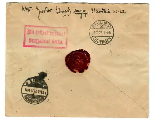 Einschreiben Danzig Schellmühl, 13.7.23 nach Brandenburg, Luftpoststempel Berlin