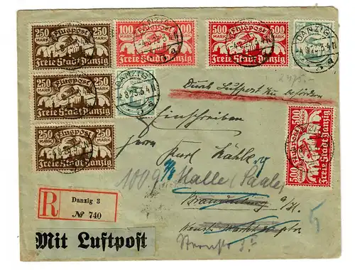 Einschreiben Danzig 3, Luftpost nach Brandenburg, Weiterleitung Halle, 4.8.1923