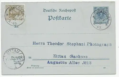 Doppelkarte P4 1I mit MiNr. 69a, Jonsdorf nach Zittau, 1900