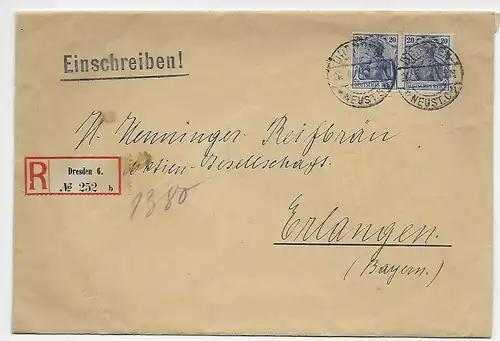 Einschreiben Dresden, Reif Bräu Erlangen Vignette, rückseitig, 1914