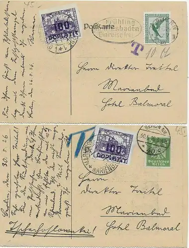 2x Postkarte Berlin 1926 nach Marienbad, Slovenska, interessante Rückseite, Taxe