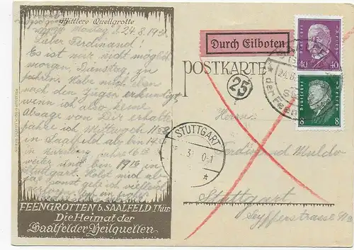 Eilboten Postkarte Saalfeld, Heilquellen, 1931 nach Stuttgart, Höhle, Grotte
