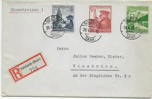 Einschreiben Sulzbach/Saar nach Wiesbaden, 20.4.1939