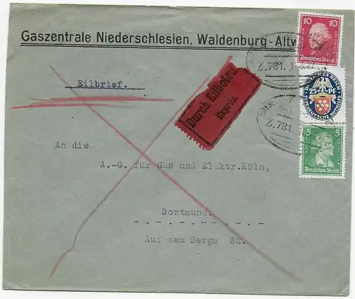 Eilboten Gaszentrale Niederschlesien: Waldenburg, Bahnpoststempel  1927