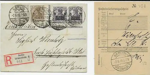 Einschreiben Berlin Lichterfelde 1919 mit Posteinlieferungsschein