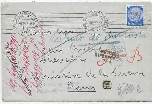Brief von Berlin Charlottenburg 1937 nach Paris und zurück, zollamtlich geöffnet
