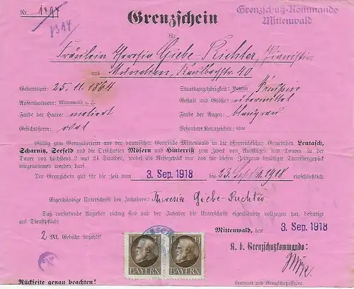 Früher Grenzschein, Grenzschutzkommando Mittenwald aus München, 1918