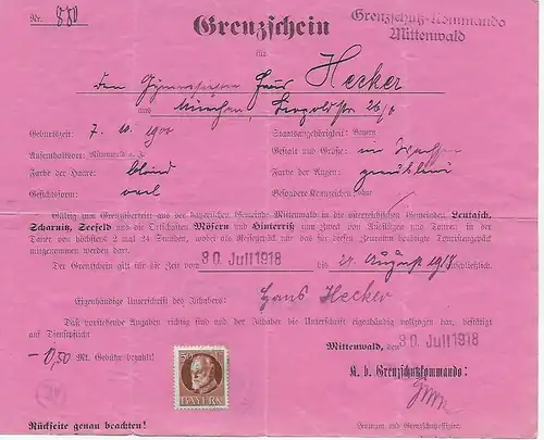 Früher Grenzschein, von München Grenzschutzkommando Mittenwald 1918, Österreich