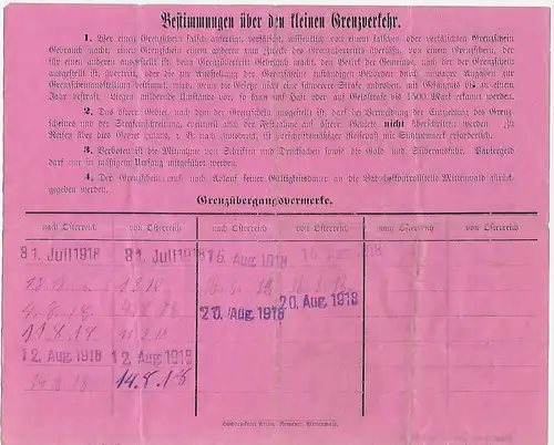 Früher Grenzschein, von München Grenzschutzkommando Mittenwald 1918, Österreich