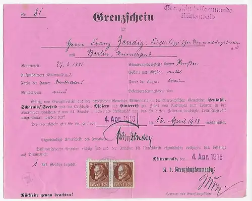 Früher Grenzschein, Berlin, Grenzschutzkommando Mittenwald 1918 für Österreich