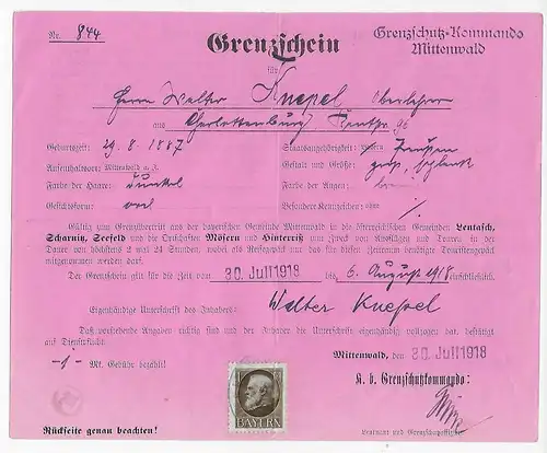 Früher Grenzschein Charlottenburg,Grenzschutzkommando Mittenwald 1918,Österreich