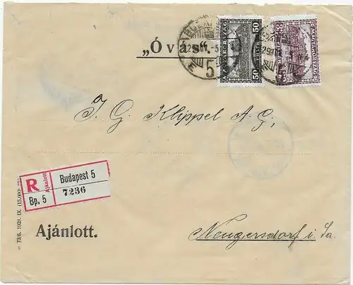 Einschreiben Budapost 1922 nach Neugersdorf, Bankbrief