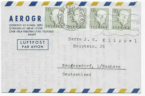 Schweden, Mehrfachfranktur, Luftpost Stockholm nach Neugersdorf, 1954