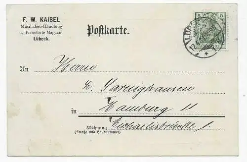 Postkarte Musikalien-Handlung, Piano, Lübeck nach Hamburg, 1911