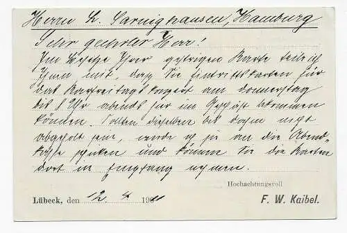 Postkarte Musikalien-Handlung, Piano, Lübeck nach Hamburg, 1911