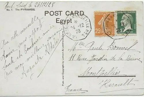 Schiffspost, Postkarte Port-Said, Pyramieden Ägypten, 1928 nach Motpellier