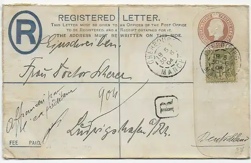 Registered Cherbourg 1904 to Ludwigshafen, France use
