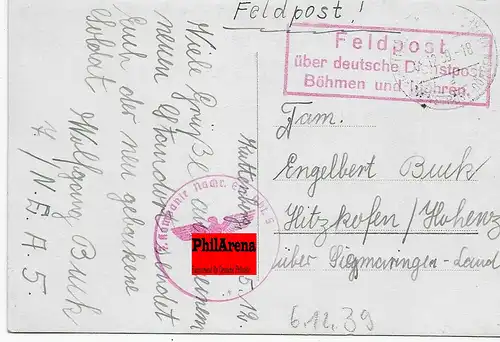 Feldpost Kutna Hora B&M nach Hitzkofen, 6.9.39