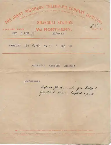 Telegram von Hamburg 1913 nach Shanghai