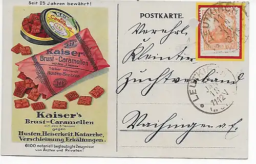 Postkarte mit Werbung Kaisers Brust-Caramellen, Bonbon, Leutkirch 1918